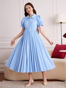 年轻女孩优雅奶油色和白色V领泡泡袖短袖褶皱长裙 - 藍色 - 查看 3