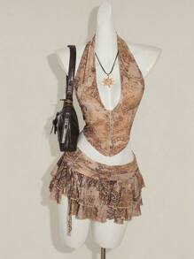 SHEIN ICON Low-Waist Paisley Print Halter Top And Skirt Set Sea Shell Outfit Brown Two Piece Set Women Short Skirt Set Skirt Swimsuit Set Havana Nights Outfit - Khaki - View 7