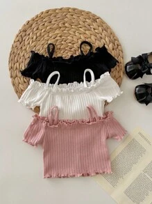 3入組嬰兒女孩休閒簡約可愛針織實色露肩短袖上衣套裝 - 彩色 - 查看 3