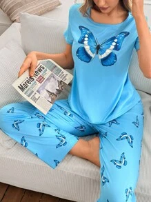 SHEIN Set de 2 piezas con Top de manga corta holgada y pantalones de pijama con estampado de mariposa