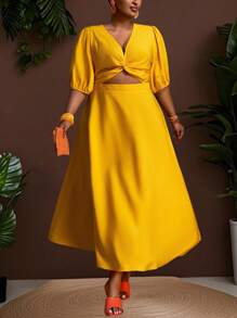Veslaya Spring & Summer New Plus Size Women Long Maxi Dress, Solid Yellow Deep V-Neck Twist Waist Ruched Flare Sleeve Flared Hem Casual Beach & Party Dress - Yellow - View 8
