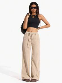 SHEIN ICON Women's Casual Solid Color Corduroy Drawstring Waist Loose Wide Leg Pants Fall Cloth For Women - Khaki - View 5