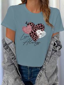 EMERY ROSE 3件套豹纹、心形和标语图案休闲T恤上衣 - 彩色 - 查看 4