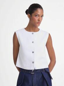 Women's Sleeveless Round Neck White Denim Vest Top - White - View 4