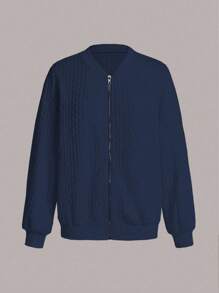 EMERY ROSE 女士纹理长袖拉链休闲棒球夹克 - 藏蓝色 - 查看 4