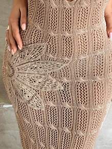 Aloruh 女士春夏度假露背钩针紧身长款性感金色连衣裙 - 金色 - 查看 7