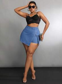 SHEIN SXY Plus Size Asymmetric Denim Shorts, Summer Casual