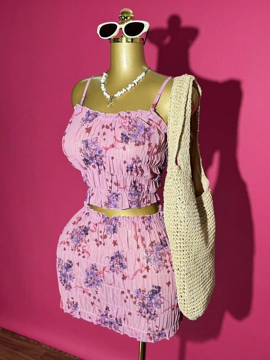 Slaydiva Women Pink Summer Boho Vacation Holiday Floral Print Sheer Ruffled Strap Top & Ruffled Mini Skirt Swimsuit Set, Beach Outing Music Festival Outfit - Pink - View 1