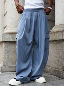 Manfinity Hypemode Pantalones casuales sueltos con bolsillos con solapa para hombres - Celeste - Ver 3