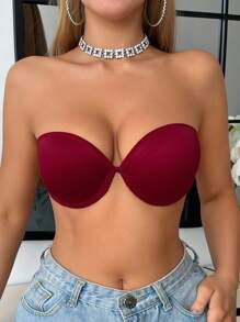 钢圈、提升、舒适、简约、半罩杯、抹胸式女士文胸 - 酒紅色 - 查看 3
