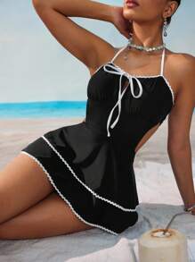 Swim Mod 女士可爱沙滩罩衫吊带露背泳衣裙 - 黑與白 - 查看 4