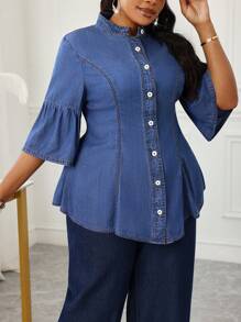 SHEIN Lady Blusa jeans plus size casual com botões frontais e lavagem - Lavagem escura - Ver 2