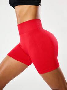 SHEIN Sports Pantalones cortos deportivos rojos de cintura alta y ajuste entallado para mujer, de verano