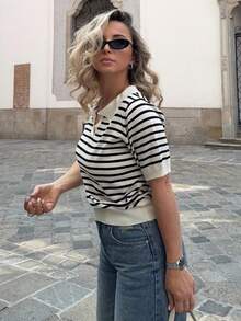 Jeta Ari Áo len cổ bẻ tay ngắn họa tiết sọc thường ngày cho nữ, mùa xuân và mùa hè - Đen và trắng - Xem 4