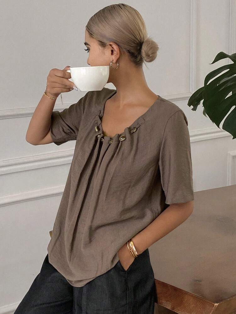 Women's Solid Color Round Neck Ruched Summer Casual Short Sleeve Blouse