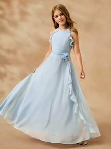 女童优雅纯色3D花卉荷叶边挂脖派对连衣裙 - 淺色水洗藍 - 查看 8