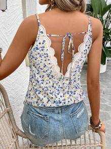 SHEIN Frenchy Women's Summer Vacation Casual Floral Print Lace Trim Camisole Blue - Blue - View 5