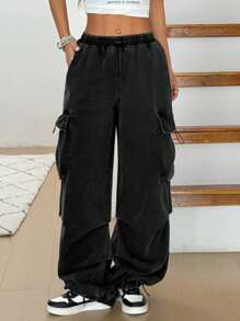 SHEIN ICON 女式实用口袋褶皱阔腿宽松休闲百搭牛仔裤 - 黑色 - 查看 3