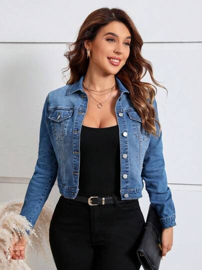EMERY ROSE Women's Front Button Long Sleeve Pocket Casual Denim Jacket, Fall Women Clothes