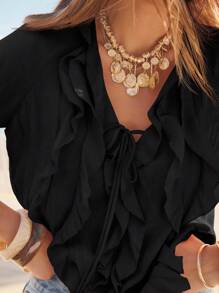 Aralina 荷叶边 V 领长袖前系带衬衫 - 黑色 - 查看 10