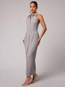 Silquee 女式无袖纯色单排扣修身连衣裙，休闲夏季 - 灰色 - 查看 5