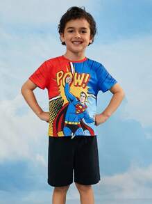SUPERMAN X SHEIN Camiseta de manga corta con gráficos de superhéroes y letras en estilo de bloque de color casual de la calle para niño, verano - Multicolor - Ver 4