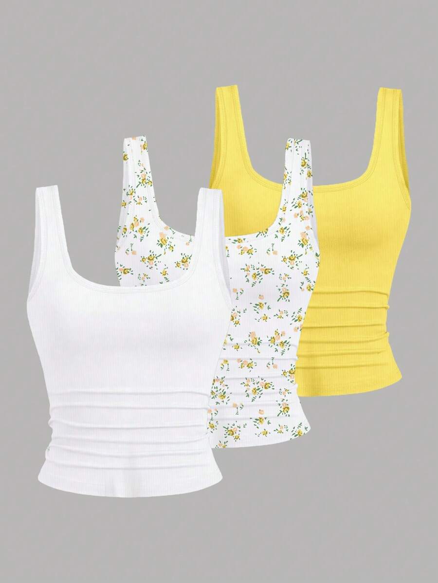 SHEIN LUNE 3件套加大码女式休闲纯色及印花图案无袖上衣套装，夏季 - 彩色 - 查看 1