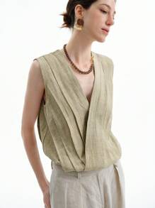 Aalyst 女式 V 领褶皱裹身式无袖亚麻连体衣，适合节日、毕业典礼、独立日等场合的休闲夏季服装，浅橄榄绿色 - 卡其色 - 查看 2