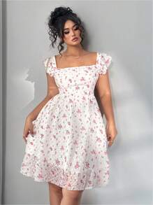 SHEIN Clasi Plus Size Women Scoop Neck Cap Sleeve Waist Drawstring Floral Jacquard Bohemian Holiday Mini Dress - Pink - View 9
