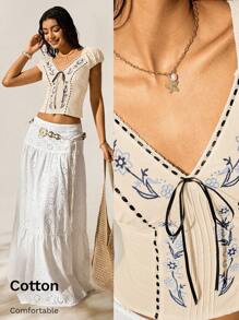 Easelle White Embroidered Small Shirt Top Seaside Holiday Style Outdoor Summer Embroidered Flowers