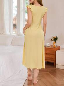 SHEIN Camisón de mujer de punto con cuello en V de encaje de color contrastante, mangas cortas, cintura ceñida, color amarillo. Vestido de pijama, vestido de dormir, pijama para mujer con lazo