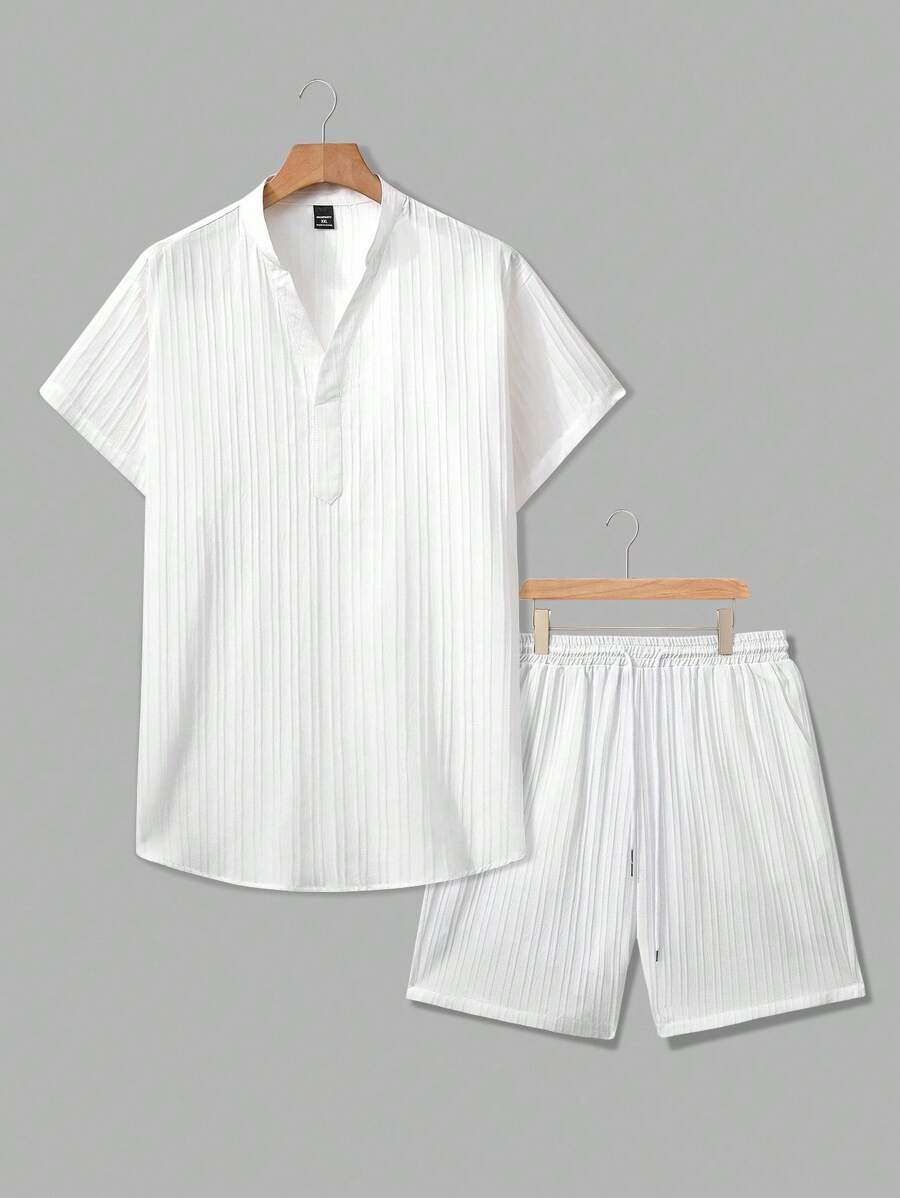 Manfinity Homme 2 件男士休闲纯色纹理短袖衬衫和抽绳腰宽松直筒裤套装，男士两件套服装，秋冬男装，白色套装