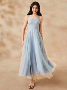 SHEIN Elegant Minimalist Fashion Sleeveless High Waist Maxi Blue Mesh Dress For Teen Girl Summer Prom Party - Blue - View 5