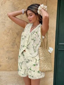 Serisse 2件套女士度假刺绣纽扣背心和短裤休闲装 - 綠色 - 查看 5