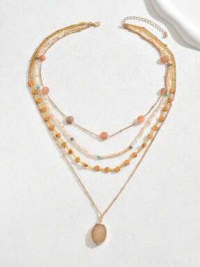 Fairycore 1pc Women's Sweet & Chic Bohemian Style Multi-Layer Asymmetrical Beaded Pendant Necklace