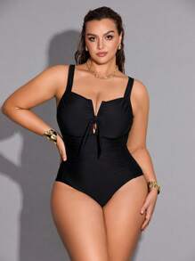 Shapewave 加大码纯色连体泳衣，适合度假和海滩 - 黑色 - 查看 3