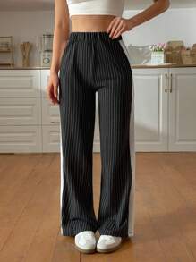 SHEIN Pantalones anchos casuales de mujer con tejido de punto, de unicolor, con contraste en los lados, de corte holgado y cómodo para fin de semana y ocio