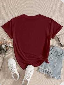 INAWLY Women's Round Neck Letter & Cat Print Casual Loose Short Sleeve T-Shirt - Red - View 2