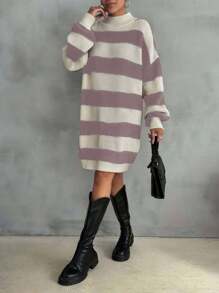 EURMUSE Women Drop Shoulder Sweater Dress With Striped Pattern,Petite - Rusty Rose - View 2