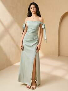 SHEIN Váy dài hở lưng bằng vải satin màu xanh bạc hà thanh lịch cho phù dâu tuổi teen, bé gái rải hoa, sự kiện khiêu vũ, thanh thiếu niên, mùa cưới - Màu xanh Bạc hà - Xem 1