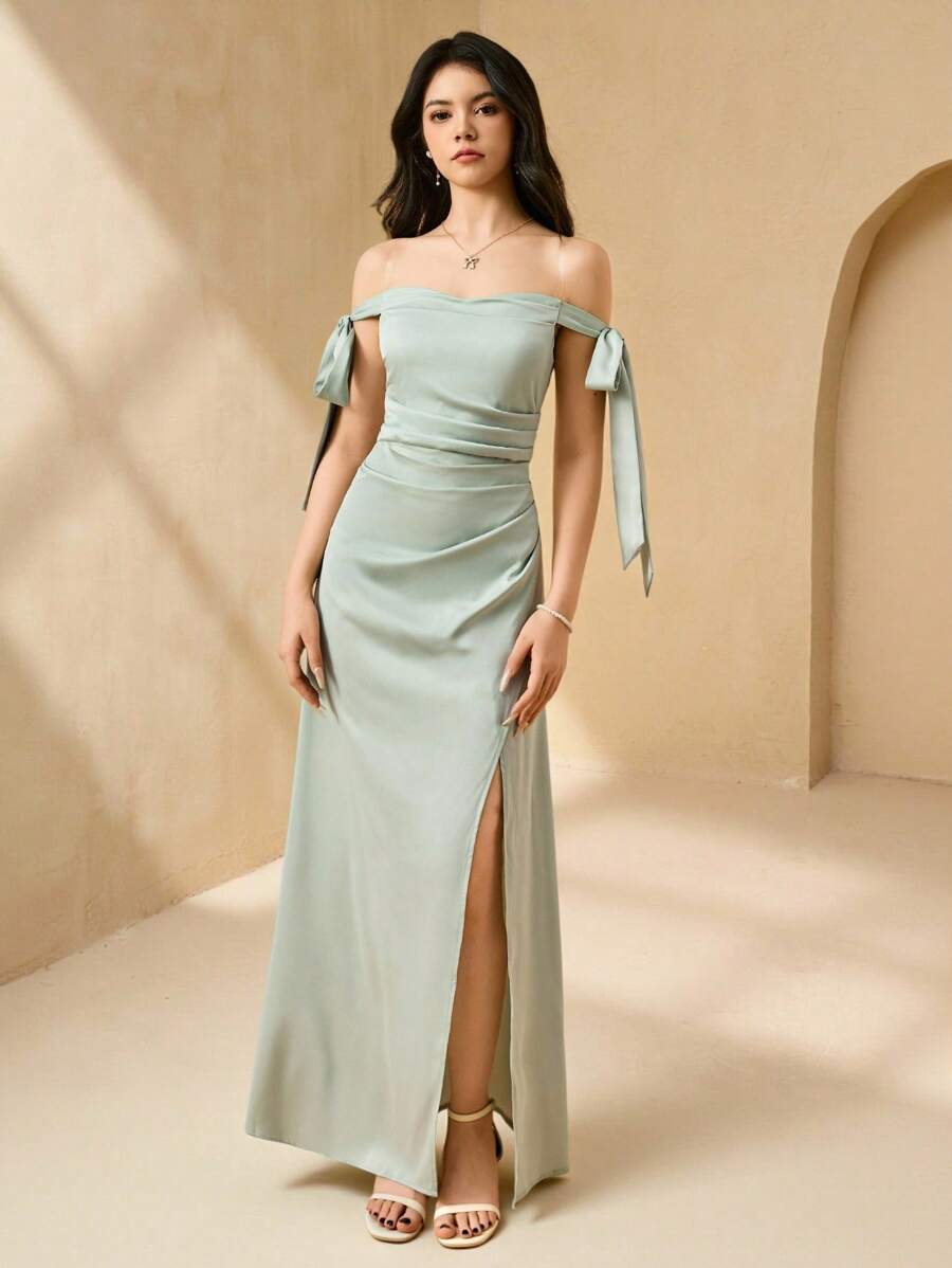 SHEIN Váy dài hở lưng bằng vải satin màu xanh bạc hà thanh lịch cho phù dâu tuổi teen, bé gái rải hoa, sự kiện khiêu vũ, thanh thiếu niên, mùa cưới - Màu xanh Bạc hà - Xem 1