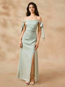 SHEIN Váy dài hở lưng bằng vải satin màu xanh bạc hà thanh lịch cho phù dâu tuổi teen, bé gái rải hoa, sự kiện khiêu vũ, thanh thiếu niên, mùa cưới - Màu xanh Bạc hà - Xem 7