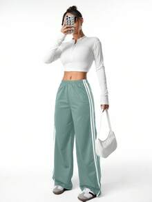 SHEIN 青少年女孩休闲针织丝带宽松运动裤 - 薄荷綠 - 查看 3