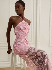 Aveloria Rosie Neues elegantes Kleid mit floraler Verzierung und rückenfreiem Design, hochwertige, raffinierte Stoffe, exquisite Details, figurbetonter Schnitt, ideal für Hochzeiten, Dates, Damen - Pink - Übersicht 6