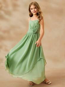 SHEIN Vestido formal elegante de flores para niña preadolescente, vestido de princesa de gasa verde con tirantes de espagueti y decoración floral 3D para vestido de dama de honor preadolescente, vestido de dama de honor junior verde salvia - Verde - Ver 6