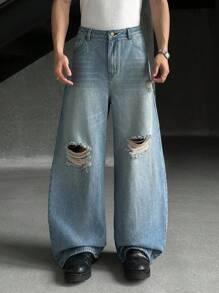 ESTAVOR Men's Casual Woven Loose Distressed Denim Jeans, Emo Style - Medium Wash - View 1