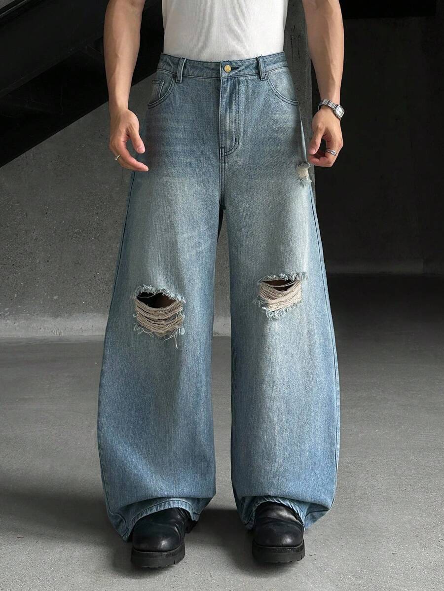 ESTAVOR Men's Casual Woven Loose Distressed Denim Jeans, Emo Style - Medium Wash - View 1