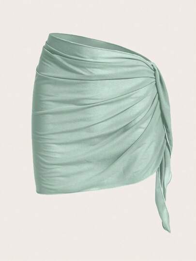 Swim Basics 女士纯色褶皱侧系带腰部罩衫和迷你裙套装