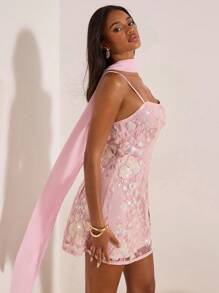 Opulessa 1 chiếc váy mini trang trí sequin dệt trơn màu dành cho nữ - Hồng - Xem 5