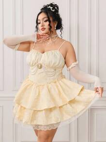 ROMWE EDITION Vestido elegante sin mangas con aplicaciones de encaje para talla grande, de verano - Albaricoque - Ver 9